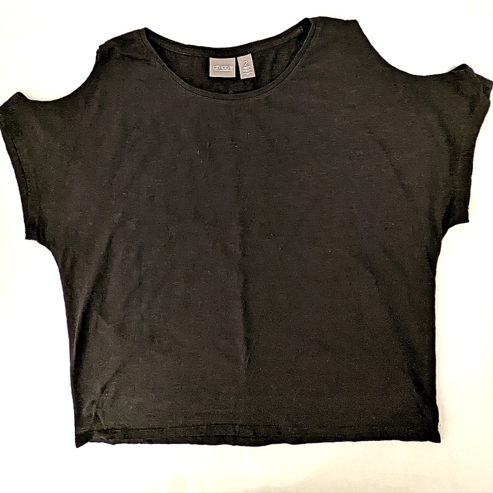 Chico's Like New! Women's Cold Shoulder Tee 100% Cotton Size 2(W 12-14) Black